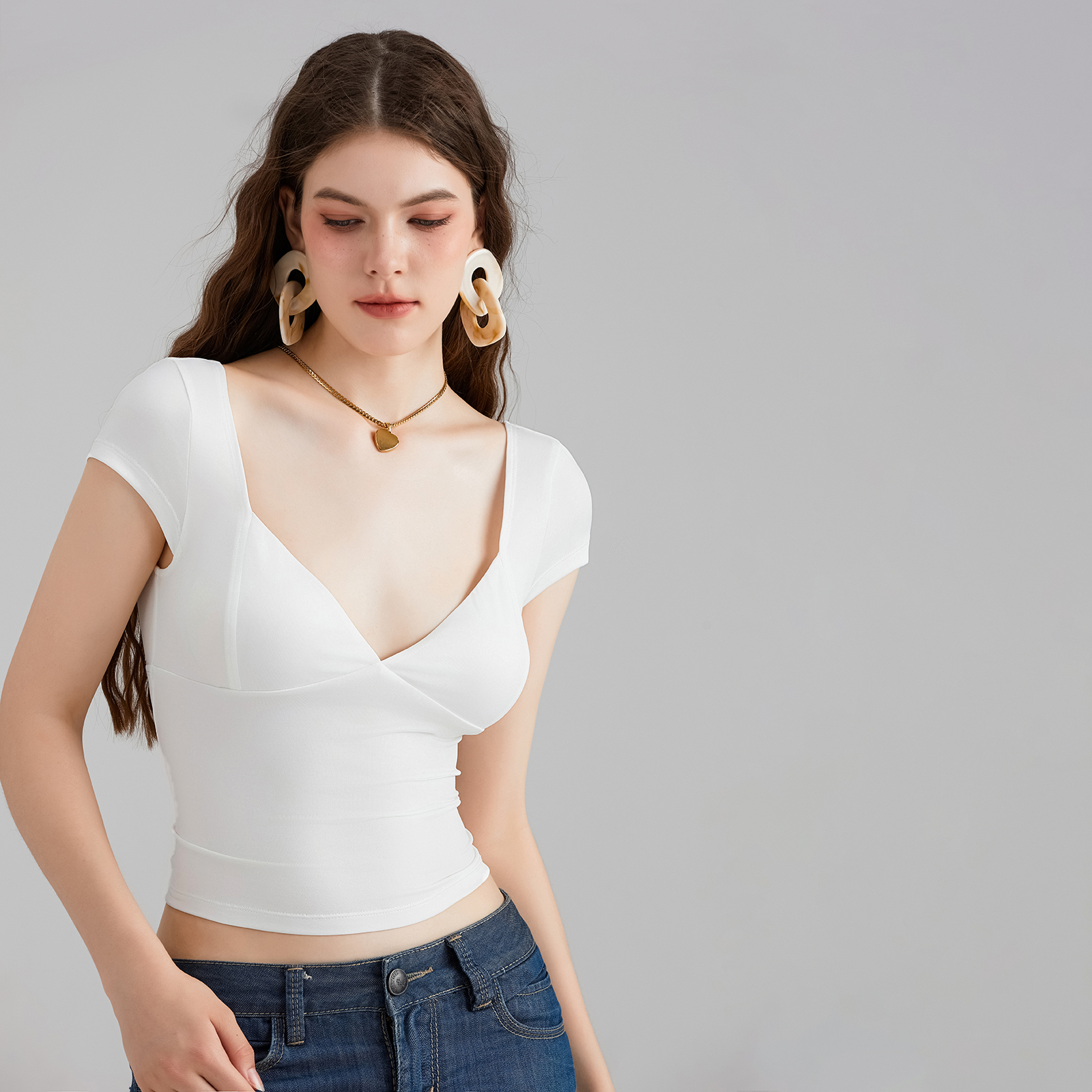 Women Cropped Camis Camisole Fashion Deep V Neck Tops Short Sleeve Summer Crop Top Female Low Cut Solid Slim Fit T-Shirts