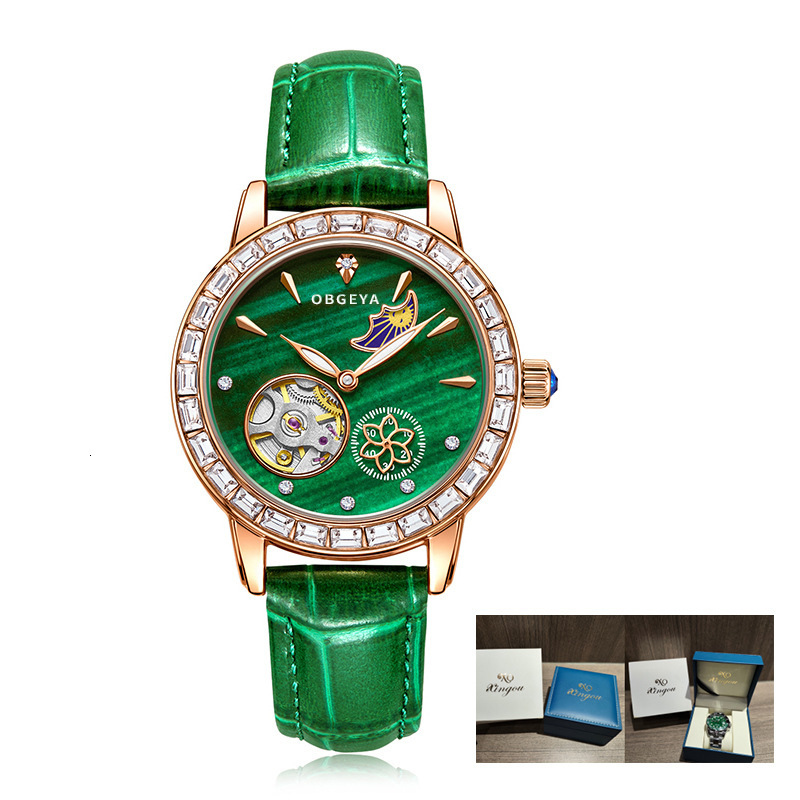 Birthday Gift: Elegant Diamond-Encrusted Mechanical Ladies' Watch with Night Glow Leather Strap