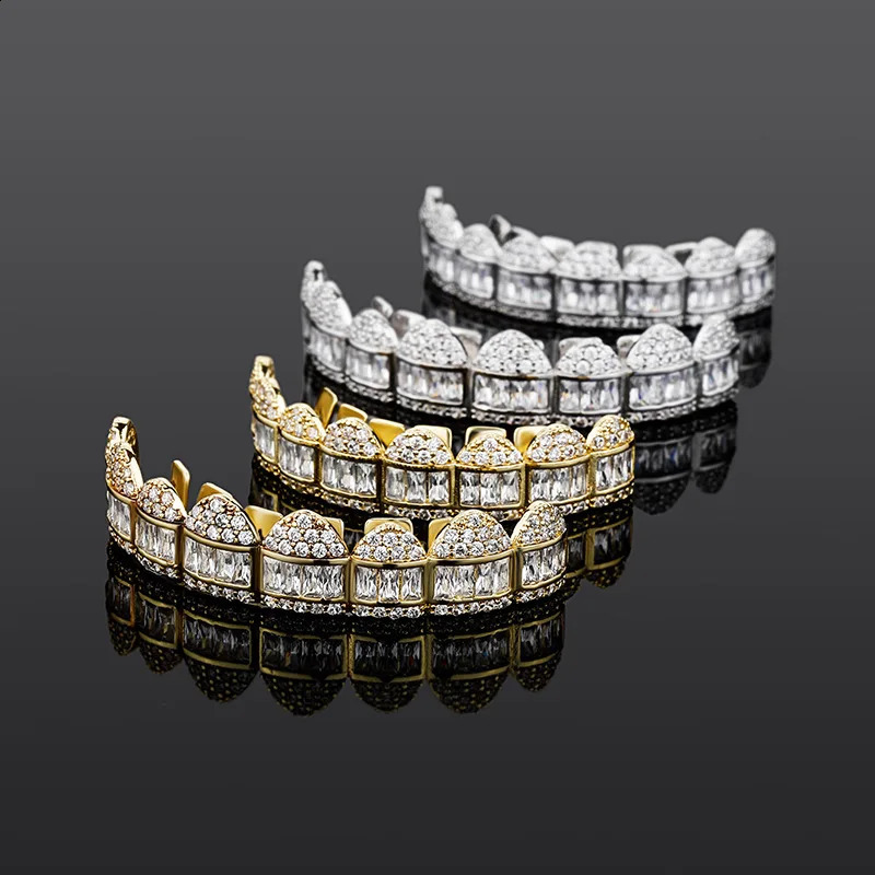 Hip Hop Gold Silver Baguette Stones Iced Out CZ Teeth Caps Cubic Zircon Top Bottom Charm Grills For Men Women Jewelry 250107
