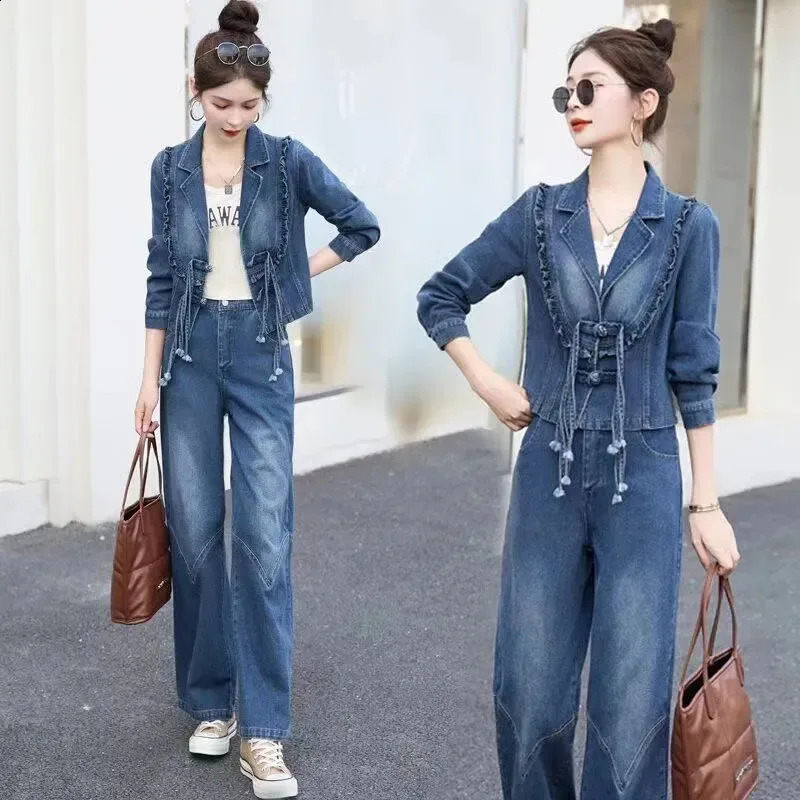 Fashion Womens Denim Wide-Leg Pants Suit Autumn Casual Short Denim Jacket Jeans Two-Piece Suits Female Trousers Sets Blue 250109