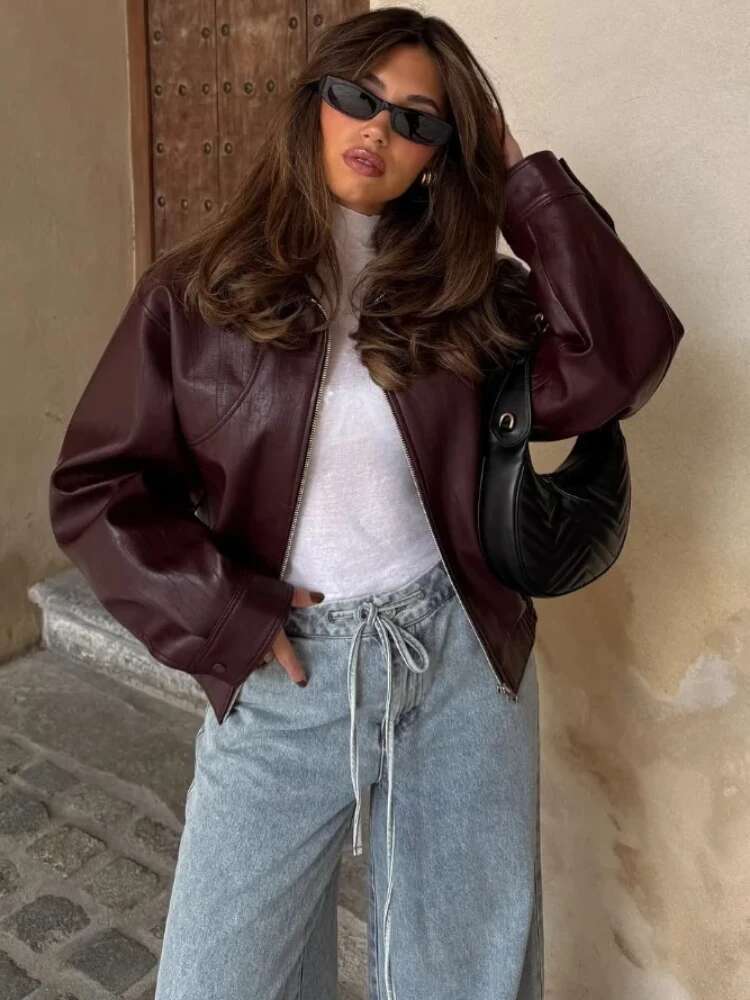 Women's Faux Leather Jacket Vintage Lapel Long Sleeve Zip Pocket Solid Elastic Hem Cropped PU Overcoat Fall Winter New Coat