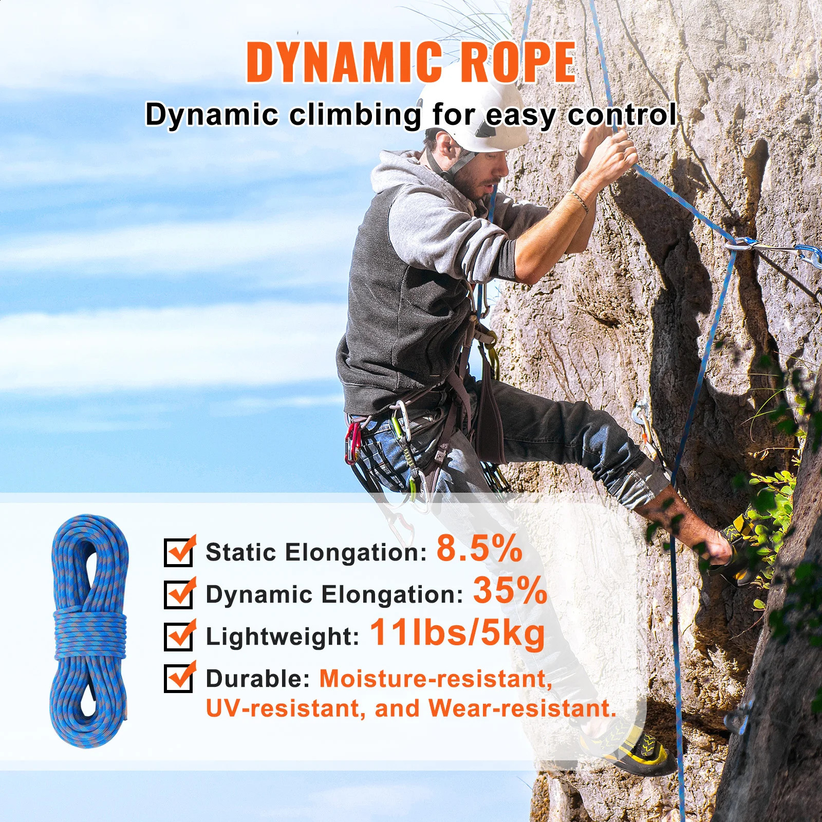 VEVOR 102mm Dynamic Climbing Rope 131230ft Outdoor Rock 25KN Breaking Tension Stretchable Fiber with Hooks 250106z