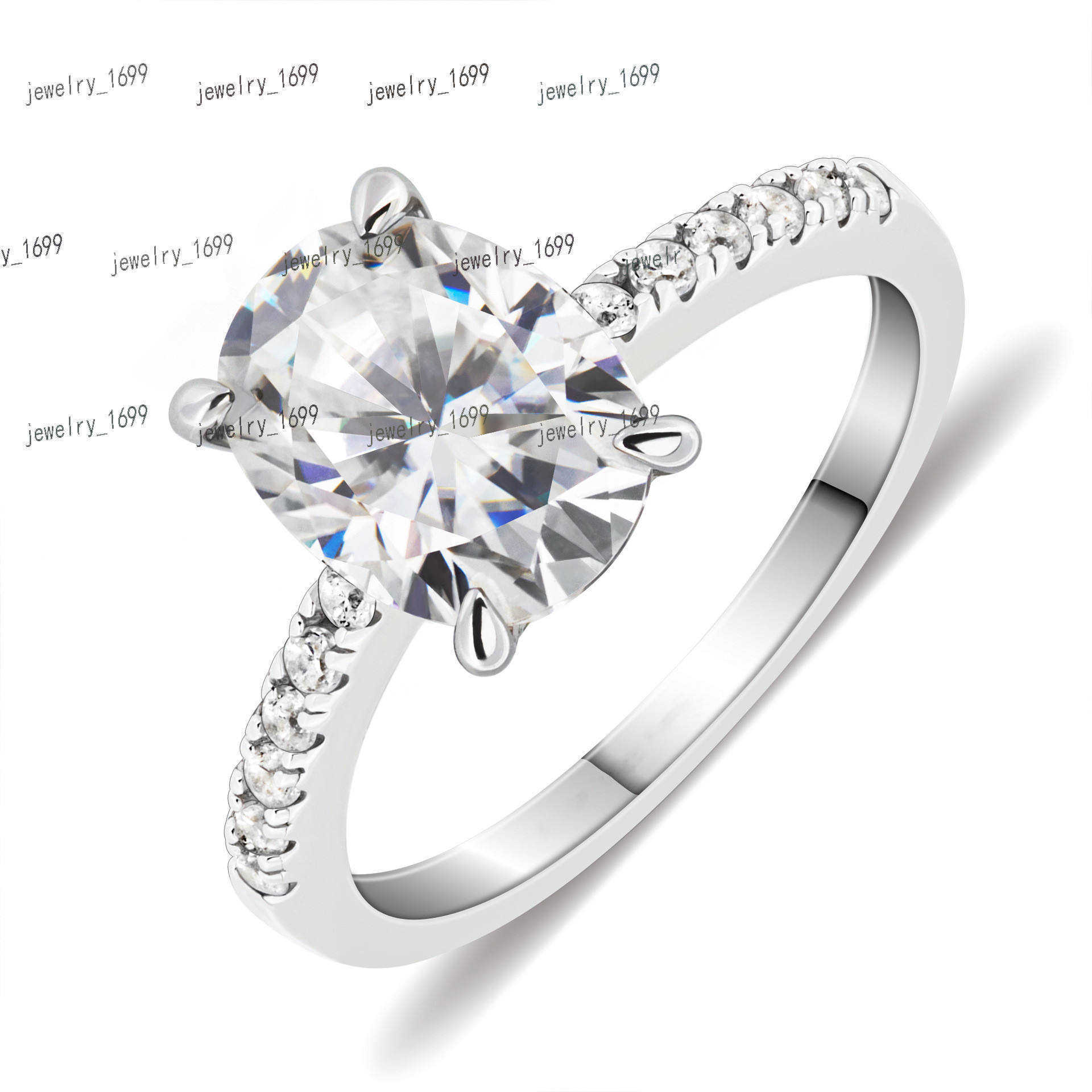 S925 sterling silver plated 18K white gold diamond ring set with VVS oval moissanite fashionable light luxury wedding ring