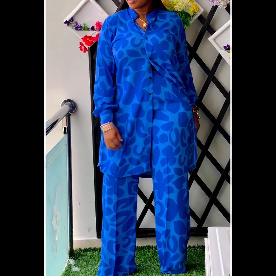 Plus Size Vacation Pant Set Blue Leopard All Over Print Button Long Sleeve Loose Two Piece y250122