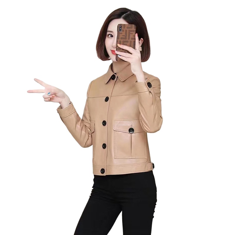 OC458M32 Luxury Quality Women's Genuine Leather Jacket Short Spring and Autumn Edition Coat Slim Fit Sheepskin Motorcycle Suit