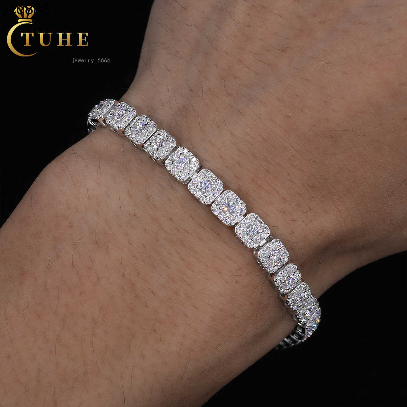 Sparkling 6mm Moissanite Halo Tennis Bracelet High Quality White Gold Non Fade 925 Sterling Silver Hip Hop Jewelry for Men