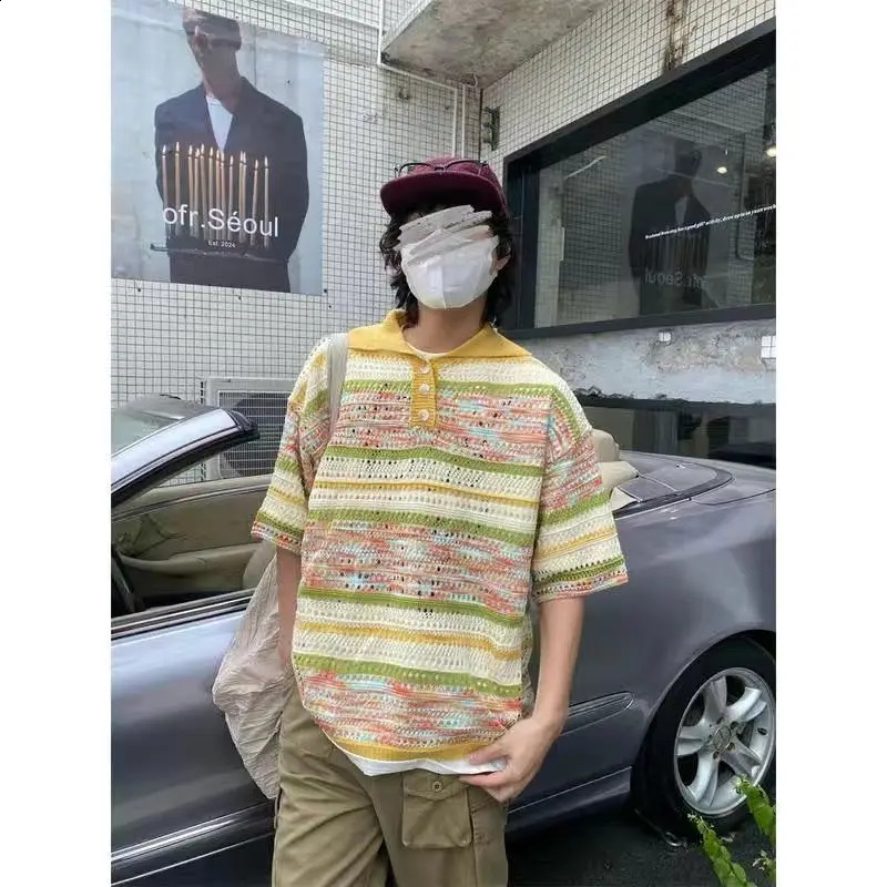 American street hip-hop color gradient hollow knitted polo shirt short sleeved mens and womens loose retro trendy T-shirt 250109