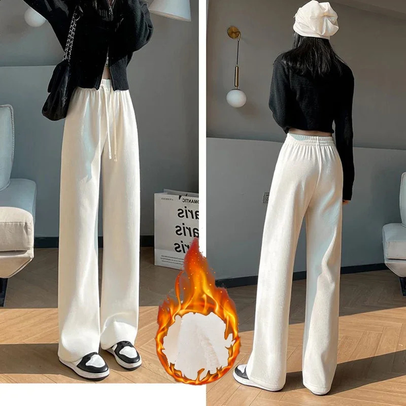 Women Winter Chic Snow Warm Daily High Waisted Long Pants Lady Basic Baggy Straight Leg Wide Plush Thermal Trousers 250106