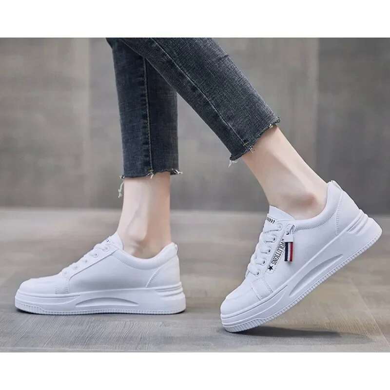 2025 New Fashion Women Casual Trend Breathable White Sneakers Comfort Low Top Lace Up Board Shoes Side Zipper Design Flats