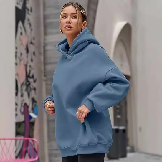 Winter Solid Color Hoodie Hip Hop Plush Hooded Sweatshirts Oversized Pullover Harajuku Casual Hoodies Tracksuit Women Sports Top 250106