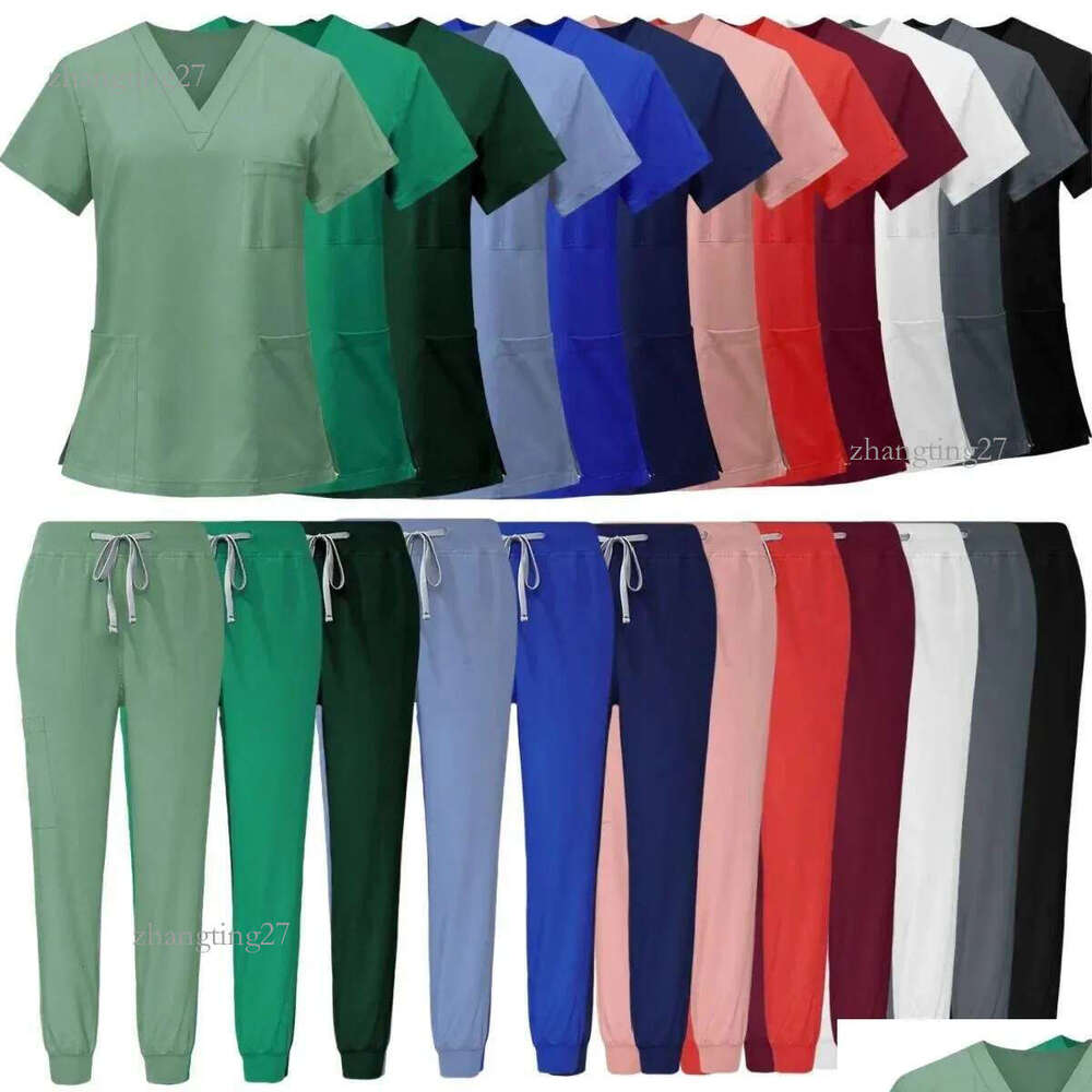 Women'S Two Piece Pants Anti Wrinkle Washable Soft Fabric Nurse Scrubs Hospital Uniform Women Jogger Sets Pair 240418 Drop Delivery A Dh90U