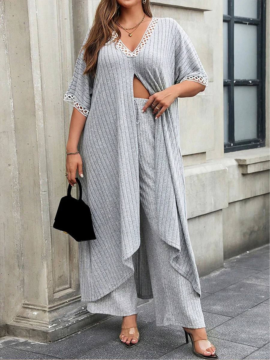 Women Plus Size Outfits Casual Loose Lace Patchwork VNeck Split Long Tops and Elastic Pants Set Streetwear 250106