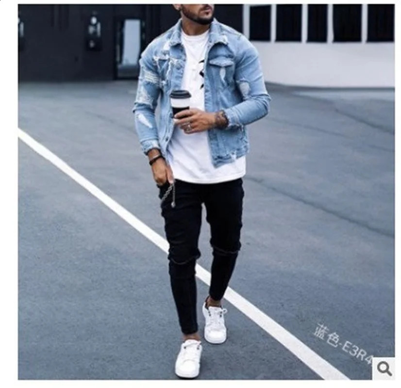 Fashion Men Jackets Spring Autumn Lapel Mens Denim Jacket Holes Irregular Washing Long Sleeve Cardigan Tops 250110Z