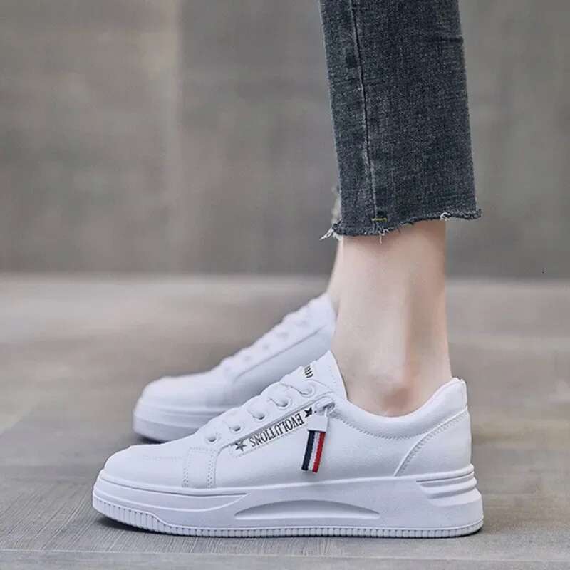 2025 New Fashion Women Casual Trend Breathable White Sneakers Comfort Low Top Lace Up Board Shoes Side Zipper Design Flats