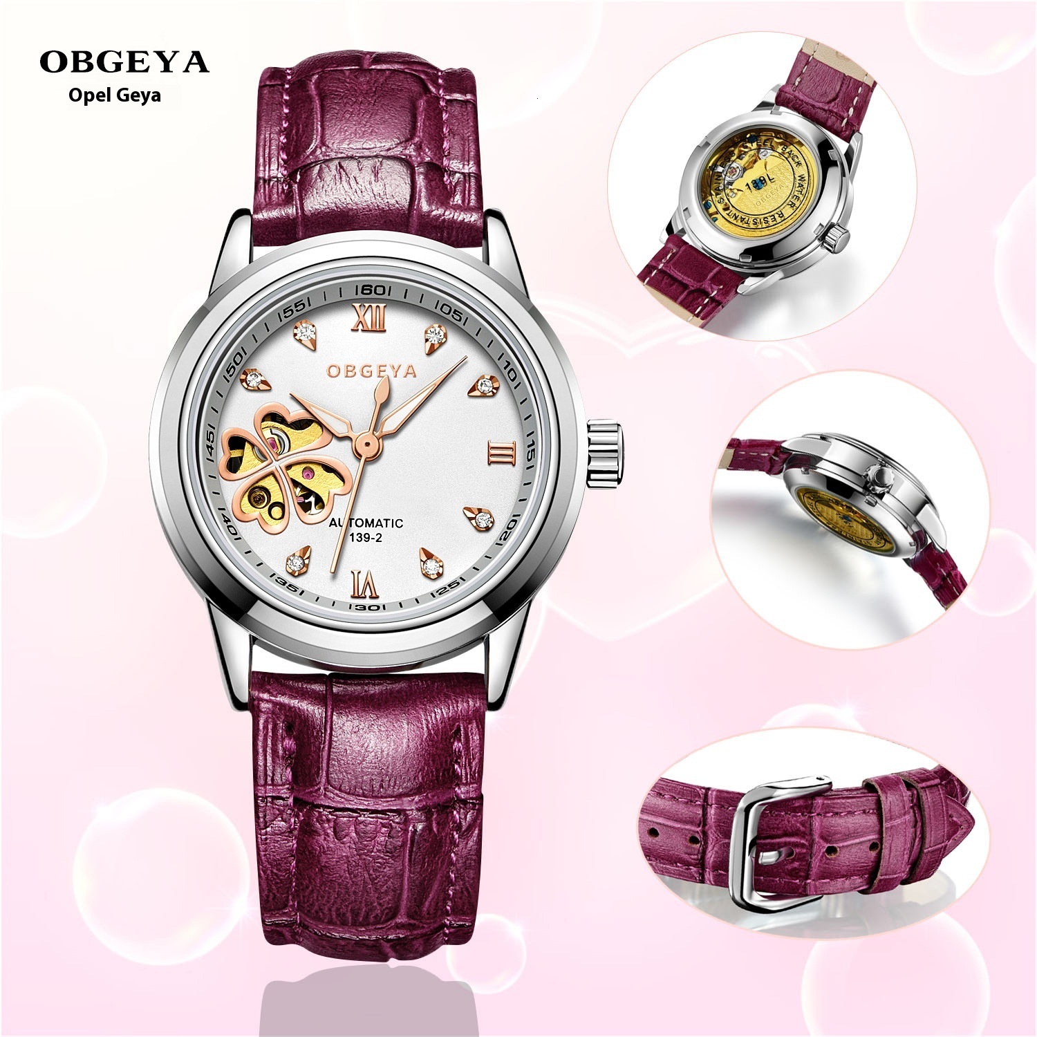 Birthday Gift: Diamond-Encrusted Mechanical Ladies' Watch with Skeleton Tourbillon and Water-Resistant Leather Strap