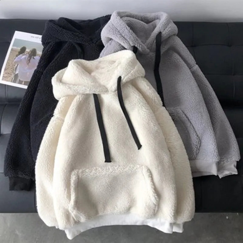 Lamb Wool Hoodies Womens Autumn Winter Korean Style Loose Hooded Sweatshirts Long Sleeve Pullover Patch Pocket Warm Jacket 250106