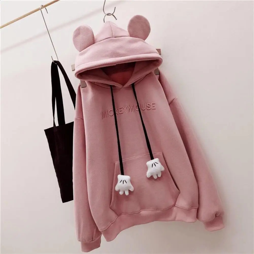 Women Hoodie Cartoon Hand Drawstring Ear Decor Thick Patch Pocket Loose Long Sleeves Pullover Warm Letter Embroidery Top 250106