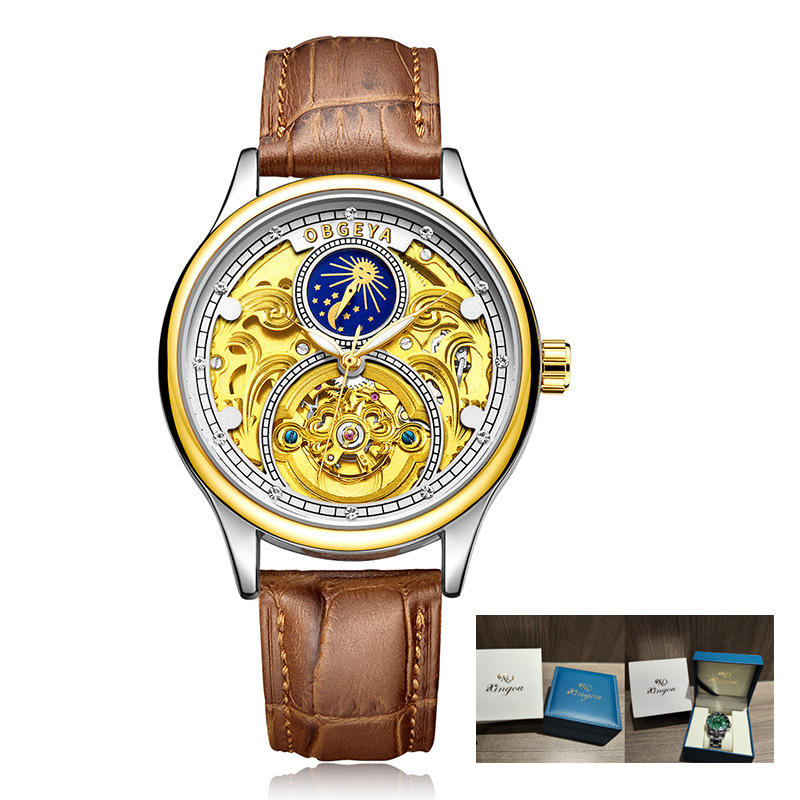 Luxury Skeleton Moon Phase Tourbillon Automatic Mechanical Watch for Men with Waterproof Leather Strap