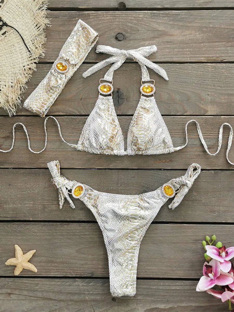 Bikini 2025 Womens Neon Green Gradient Rhinestone Push Micro Swimsuit Beach Swimsuit Diamond Belt 3-Piece Swimsuit 250110