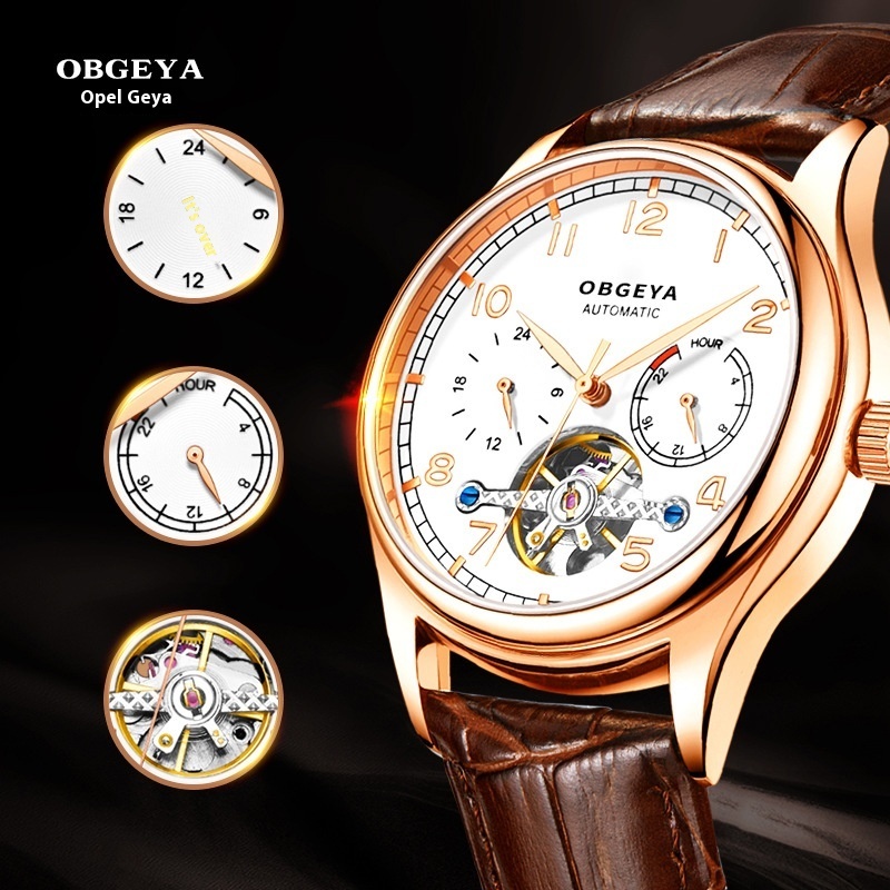 Men's Fashionable Waterproof Automatic Mechanical Watch with Large Digital Dial and Leather Strap
