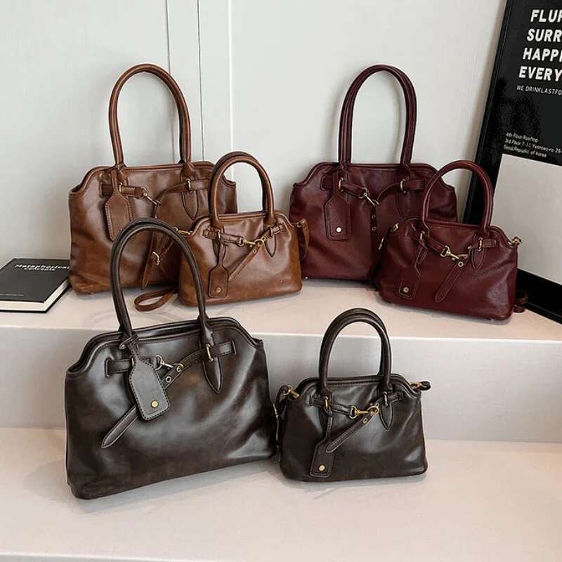 PU Leather Retro Tote Bag For Women Winter Trend New Fashion Y2k Lady Travel Shoulder Crossbody Bags Handbags