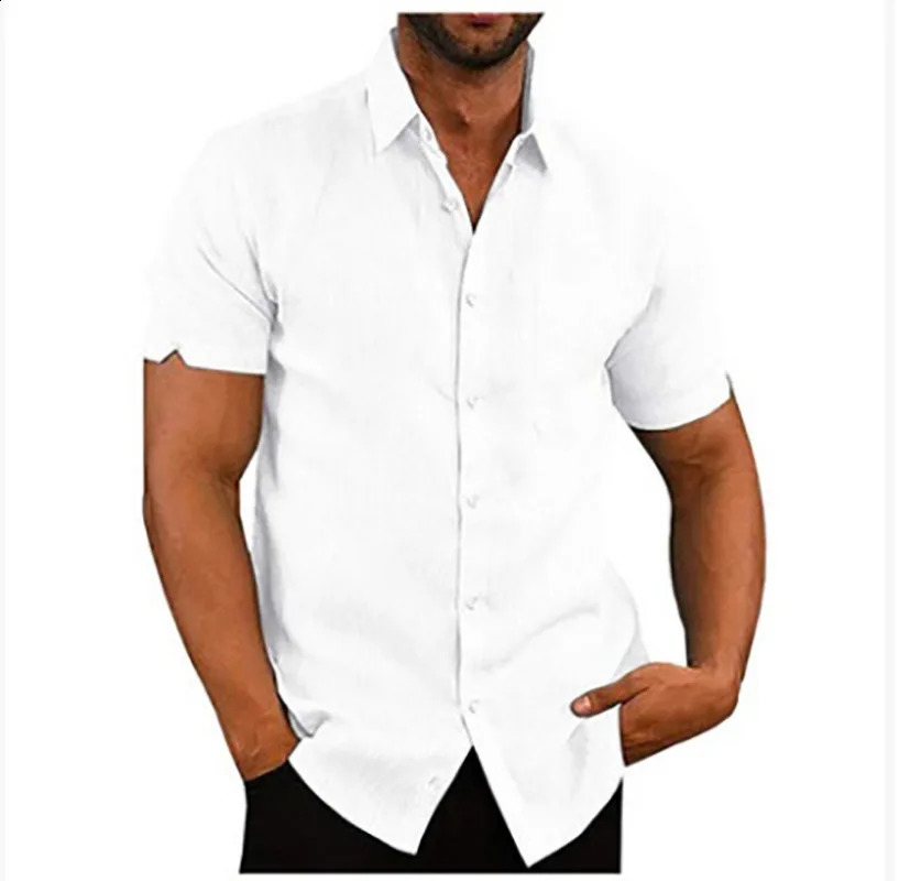 Summer Mens Short Sleeve Shirt Fashion Solid Color Linen Cotton Breathable Leisure Lapel Button T-shirt Business Casual Shirt 250108