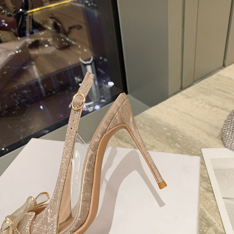 New Slim Heeled Pointed Bride's Wedding Shoes With Sparkling Material, Rhinestone Bow Tie, Back Air Glass Glue High Heels, Sandals
