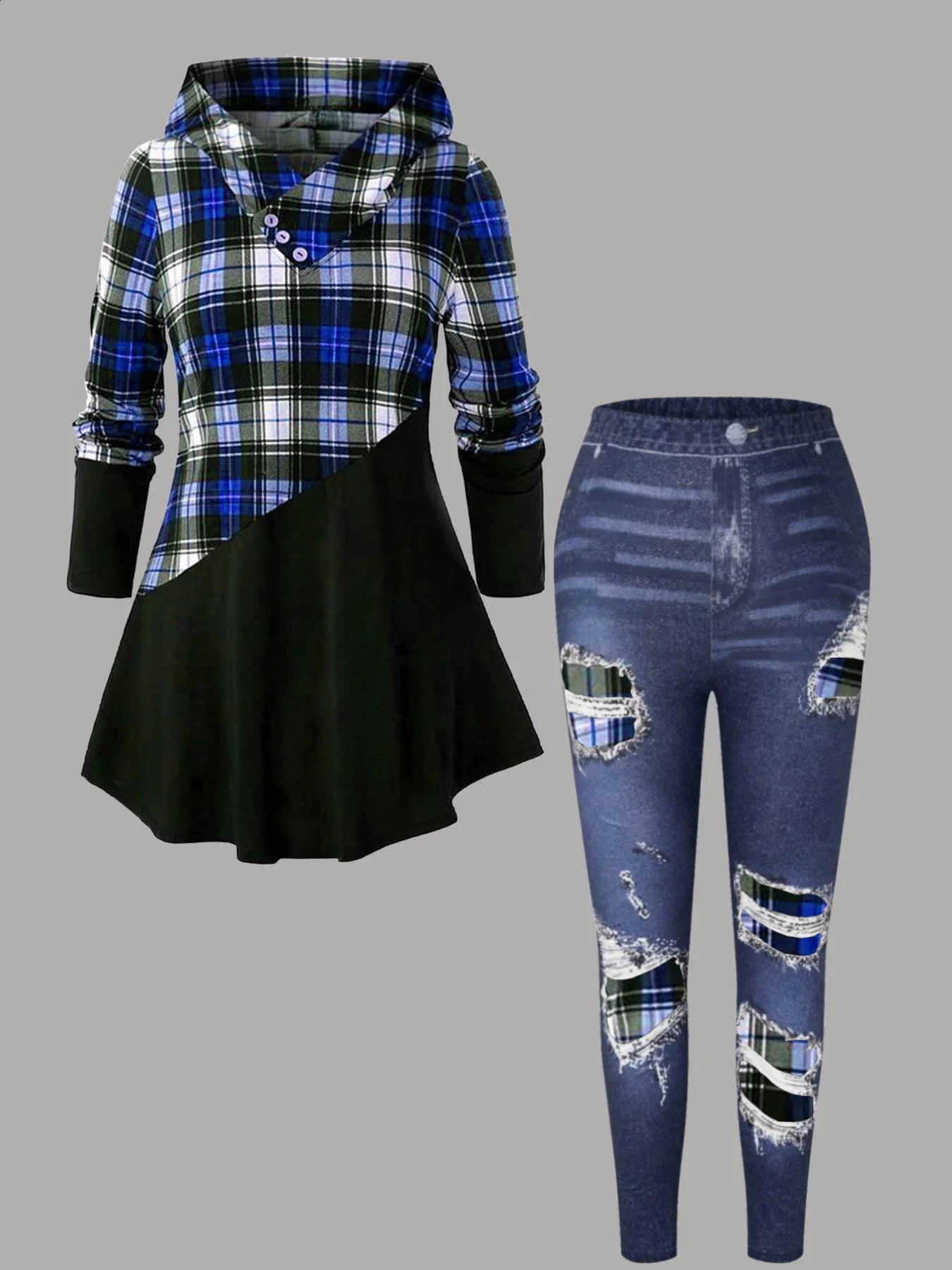 Women Plus Size Two Piece Set Hooded Plaid Print Patchwork Tops and High Waist Leggings Matching Long Sleeve Autumn Outfit 250106