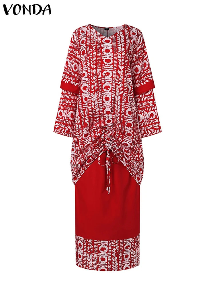 Plus Size 5XL VONDA Printed Outfit Sets 2024 Bohemian Elegant Long Sleeve TopHalf Skirt TwoPiece Casual Loose Suit 250106