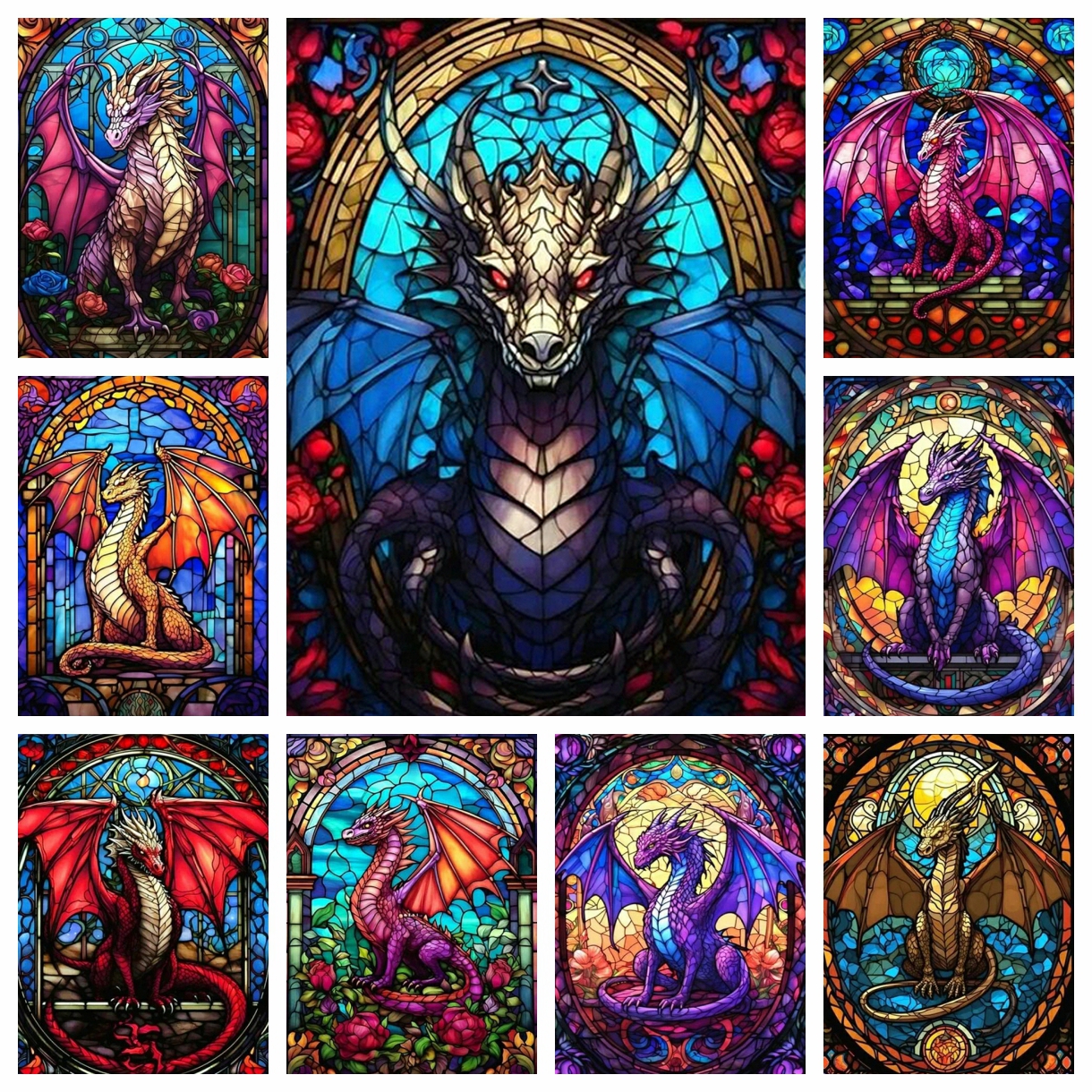 Stained Glass Color Dragon 5D DIY Diamond Painting Cross Stitch Cartoon Mosaic Embroidery Rhinestones Home Decor Gift