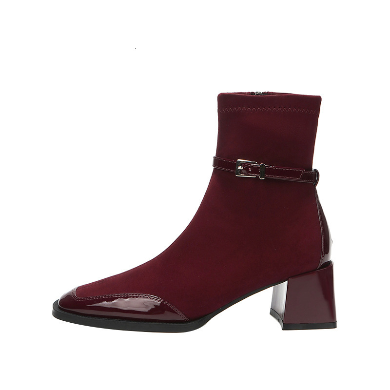 5598-2 Ankela Red Cashmere Splicing Square Head Short Boots For Women, Thick Heels, Thin Versatile Martin Boots, Autumn