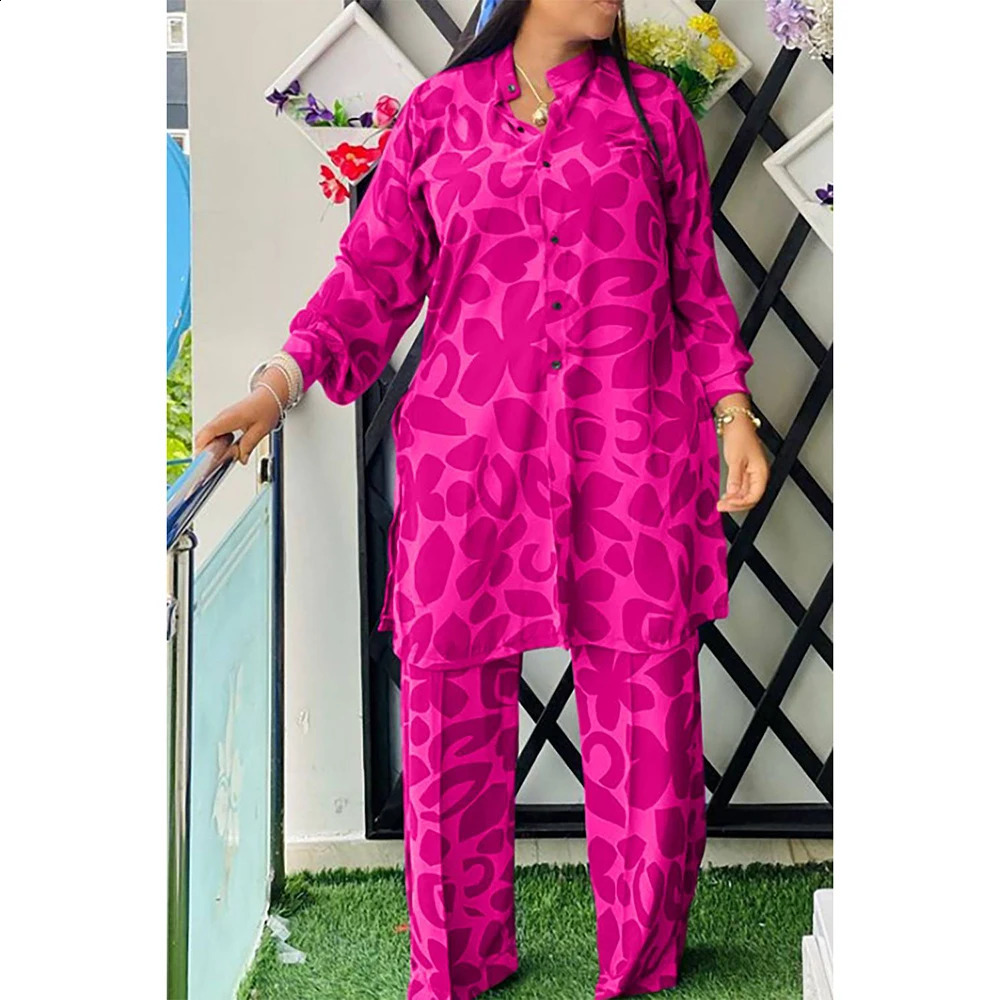 Plus Size Vacation Pant Set Blue Leopard All Over Print Button Long Sleeve Loose Two Piece y250122