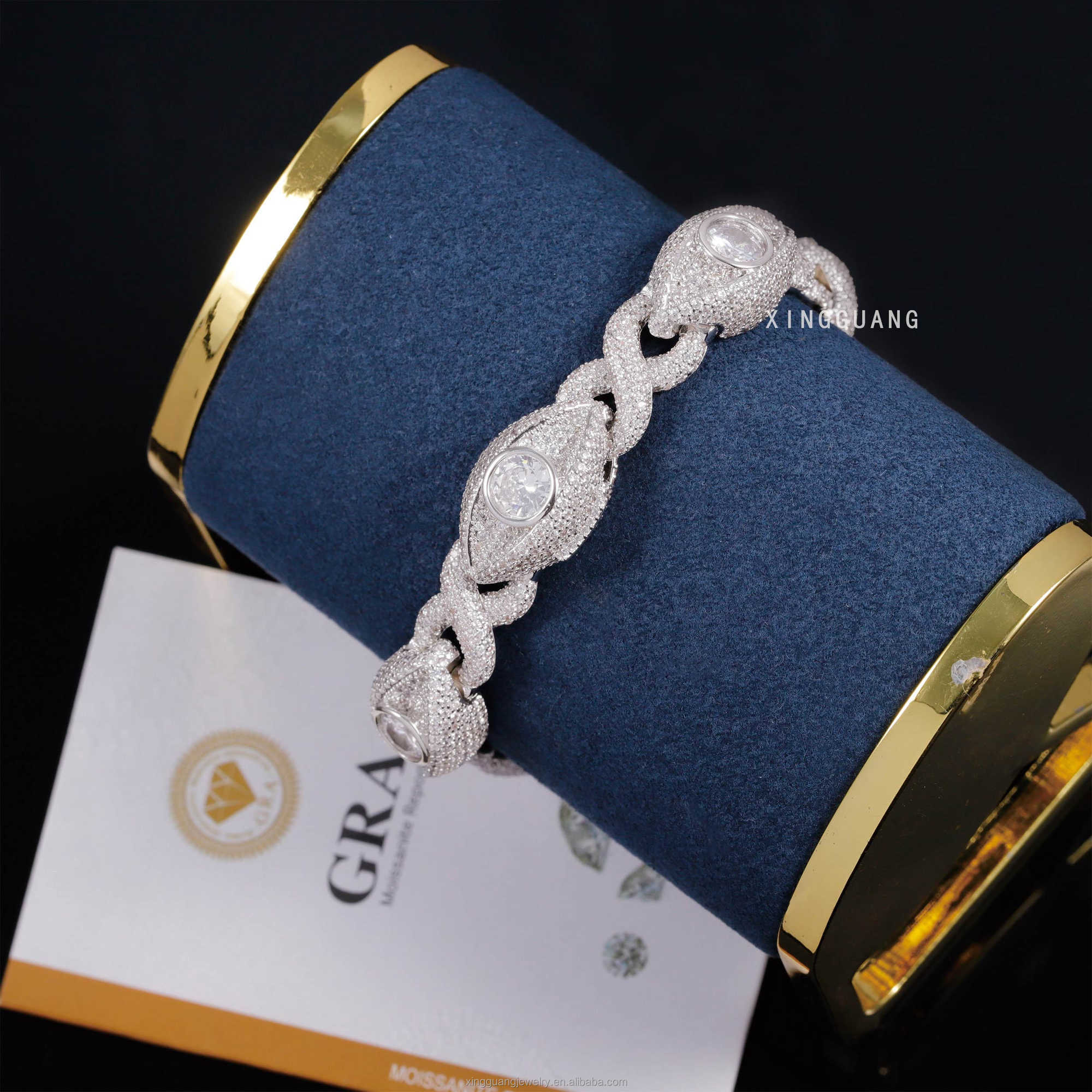 Hip hop Evil Eye Bracelet S925 Silver Gold Plated VVS Moissanite Diamond Mens Bracelet with GRA Certificate