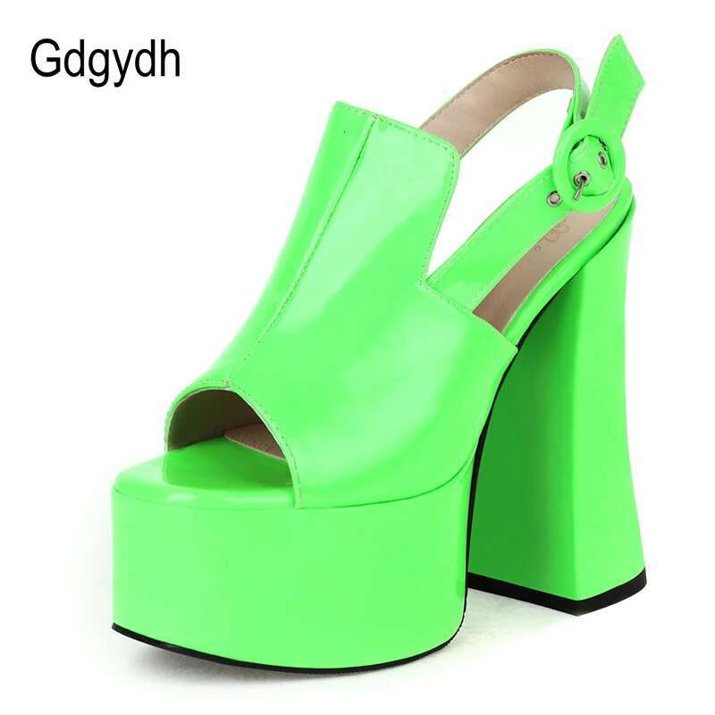 Gdgydh Ins Style Cool Punk Fashion Women Platform Pumps Block Heel Back Strap Peep Toe Bright Leather Catwalk Shoes Model