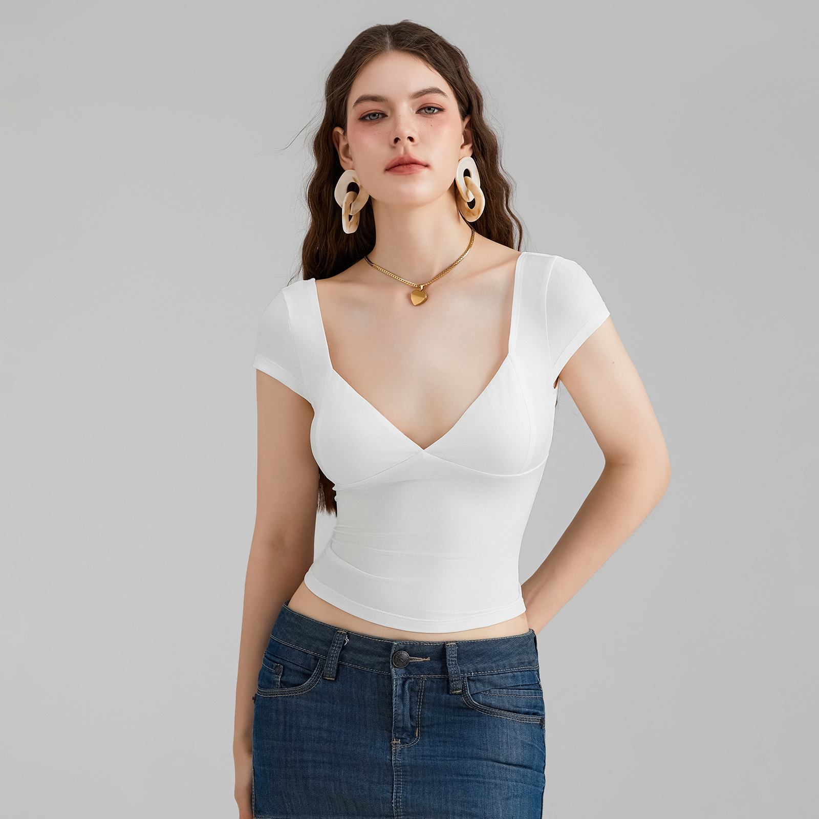 Women Cropped Camis Camisole Fashion Deep V Neck Tops Short Sleeve Summer Crop Top Female Low Cut Solid Slim Fit T-Shirts