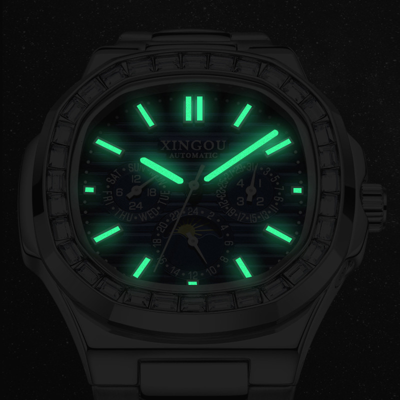 Men's Triple-Eye Six-Needle Multifunction Watch with Tourbillon and Stainless Steel Band