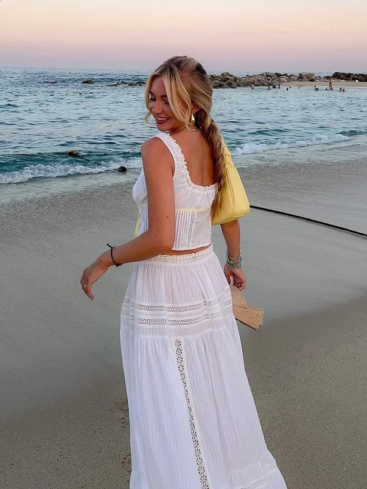 White lace dress set for women summer beach cotton matching set 2-piece long skirt set Vestidos womens 2025 250109