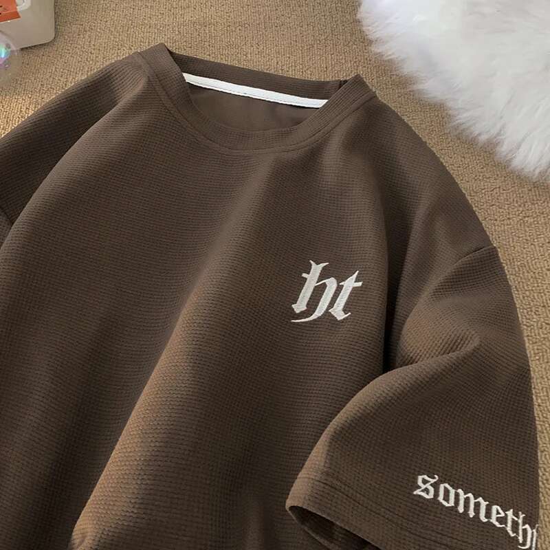2025 Summer New Letter Embroidered Waffle T-shirt Men's Y2K Retro Street Dress Designer T-shirt Breathable Short Sleeve Round Neck T-shirt