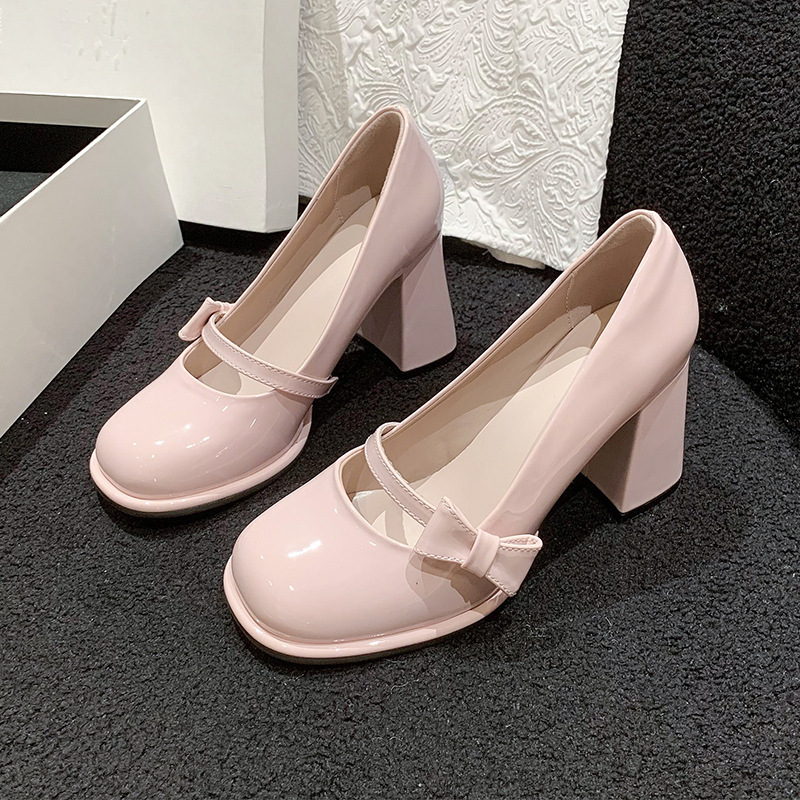 2024 Spring New Butterfly Button Strap Single Sweet French Pink Thick High Heels Mary Jane Shoes Women