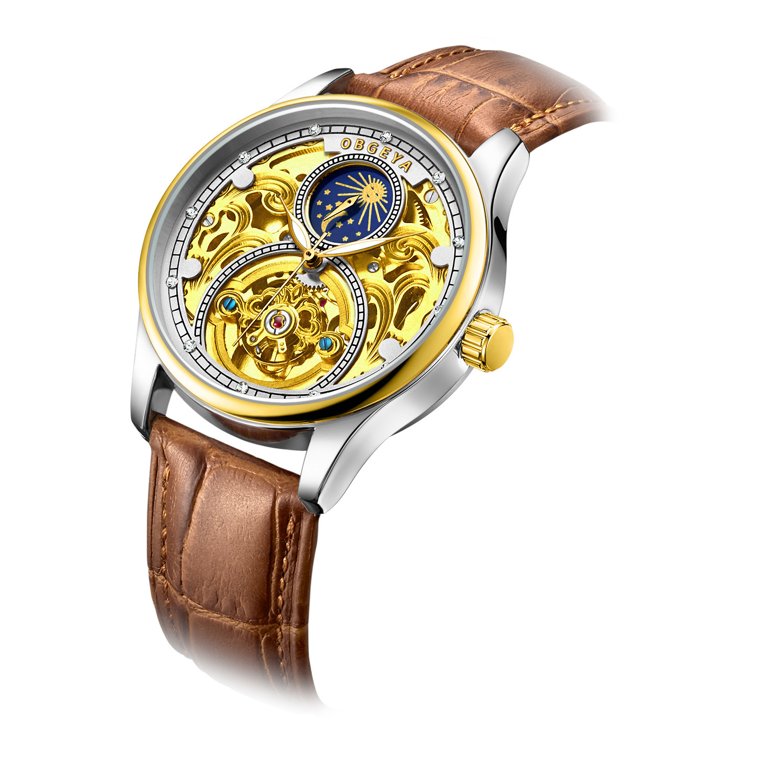 Luxury Skeleton Moon Phase Tourbillon Automatic Mechanical Watch for Men with Waterproof Leather Strap