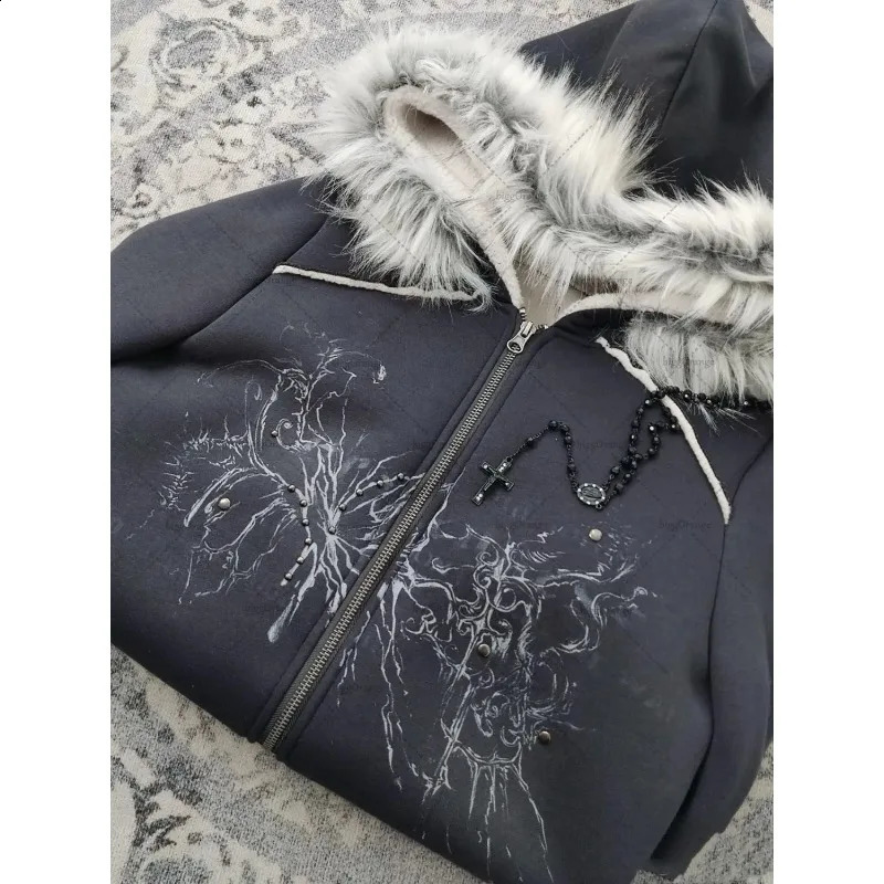 American Gothic geometric pattern fur collar high quality zipper hoodie women Y2K grunge clothing sexy nightclub slim sweatshirt 250106