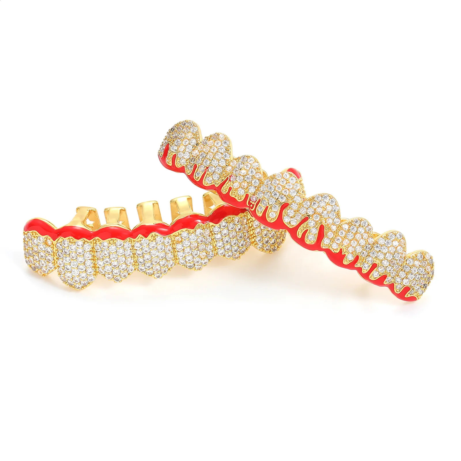CZ Teeth Caps Red Drip Oil Cubic Zircon Iced Out Micro Pave Top Bottom Charm Grills For Men Women Jewelry Xmas Gift 250107