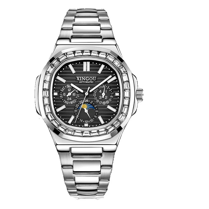 Men's Triple-Eye Six-Needle Multifunction Watch with Tourbillon and Stainless Steel Band