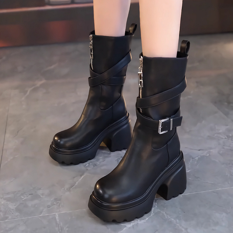 Handsome Knight Women's Midsole Boots, 2025 Autumn And Winter New Style, Front Zipper Versatile Buckle Heels, Knee High Boots