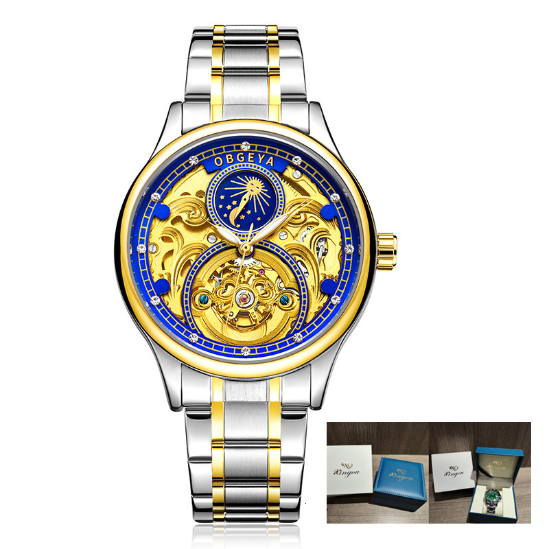 Men's Waterproof Skeleton Tourbillon Watch with Moon Phase and Automatic Movement