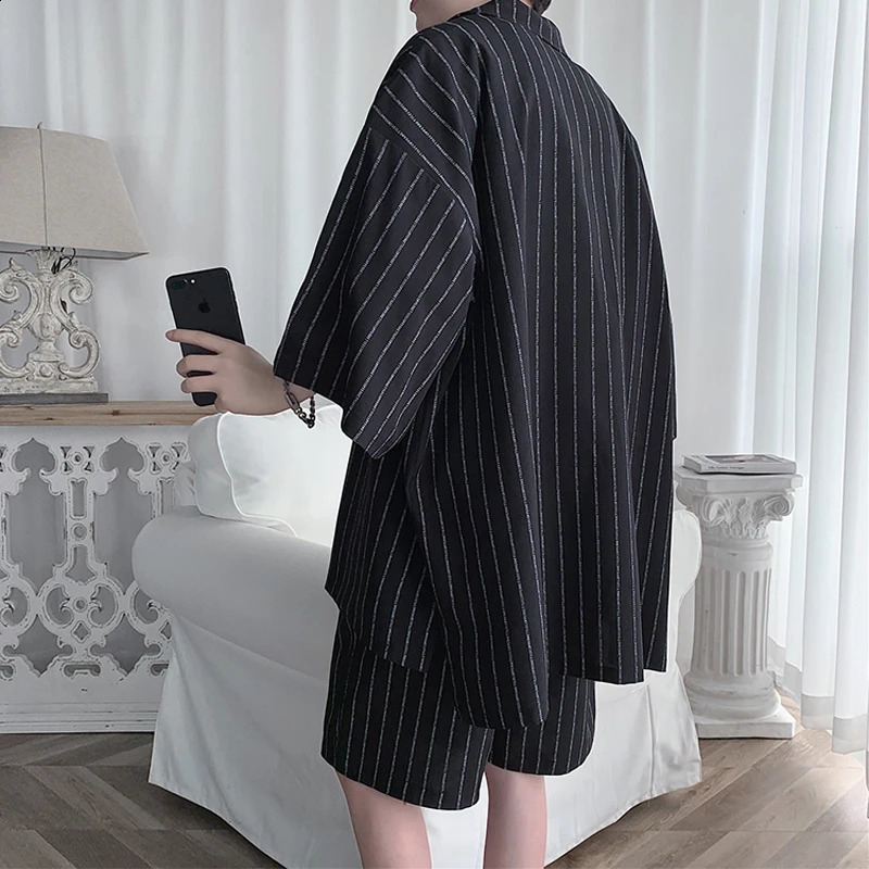 Korean Style Mens Tracksuit Jacket and Shorts 2 Pcs Set Summer Stripe Male Sports Suit Oversized Clothing Lightweight 5XL y250110