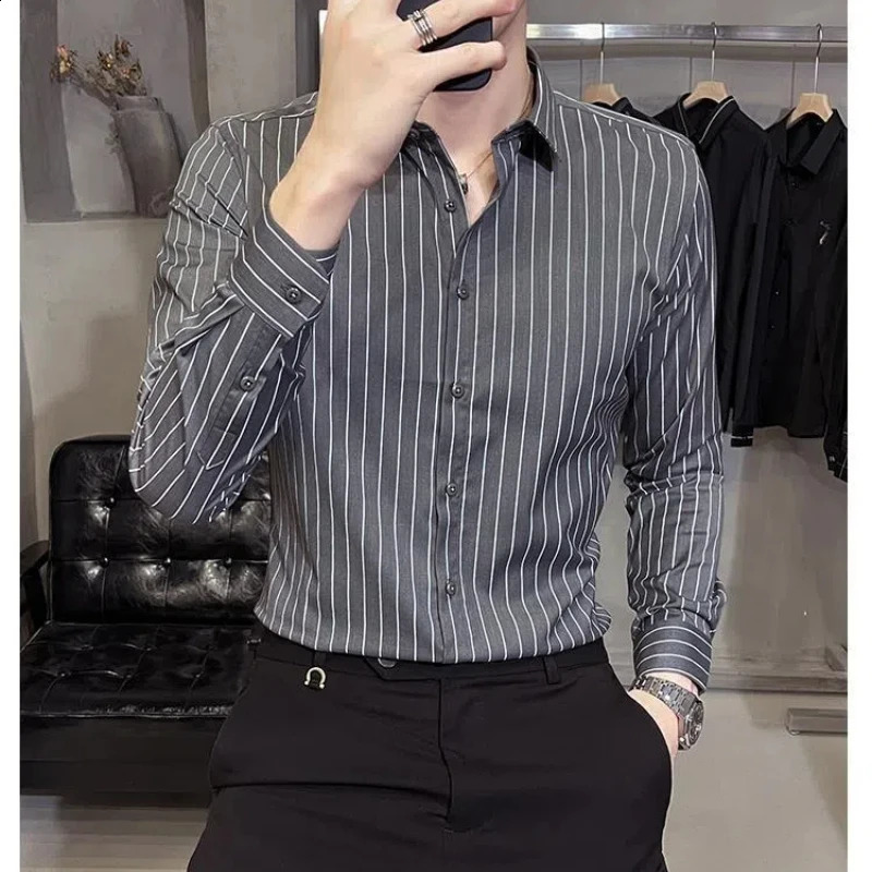 Mens Retro Formal Casual Shirt Pockets Striped Contrast Color Long Sleeve Cardigan Button Turn-down Collar Spring Autumn Tops 250108