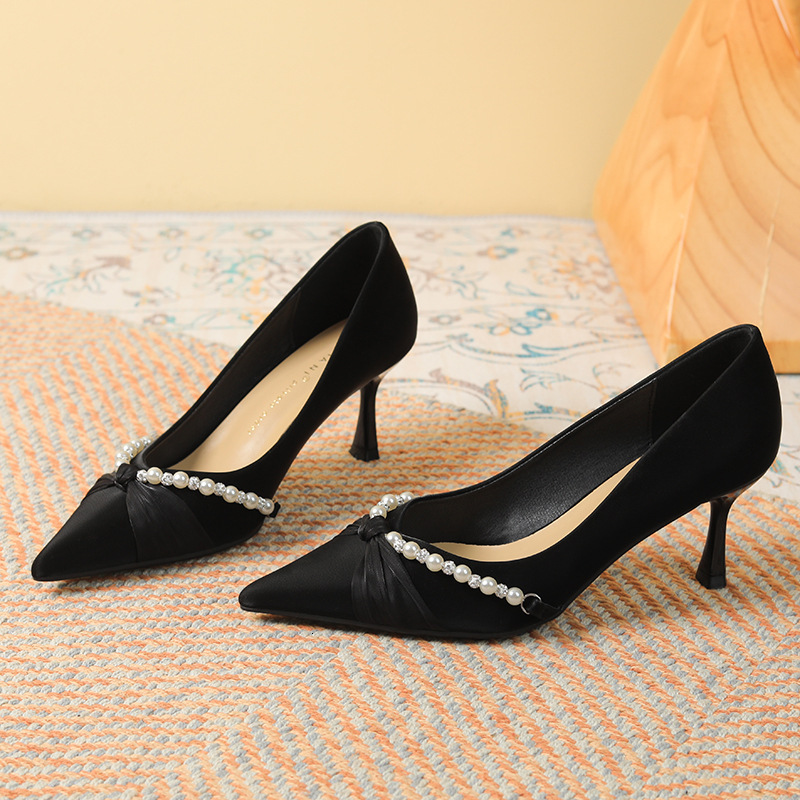 3356-1 Twisted Pearl Xiuhe Wedding For Bride Girl, Silk Sheepskin Temperament High Pointed Thin Heel Single Shoes