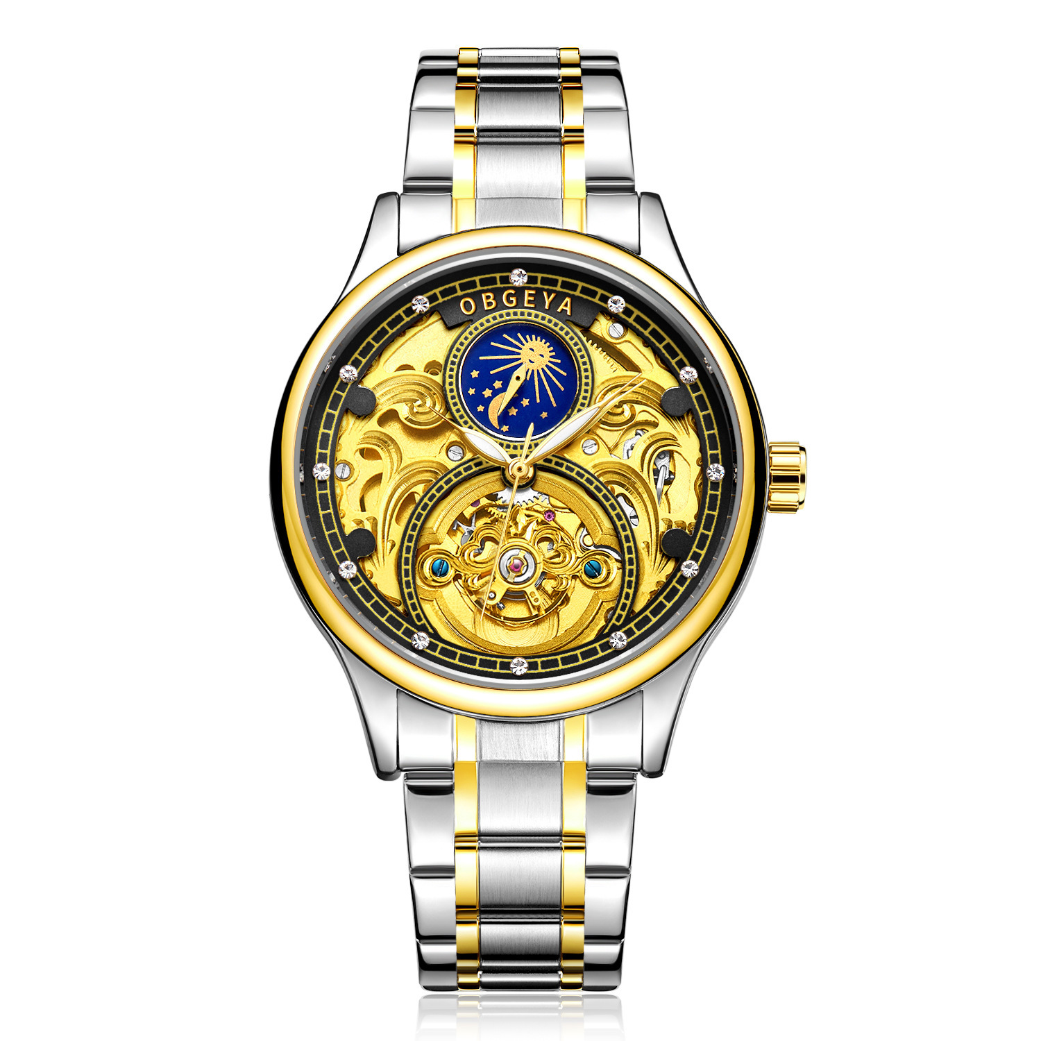 Men's Waterproof Skeleton Tourbillon Watch with Moon Phase and Automatic Movement