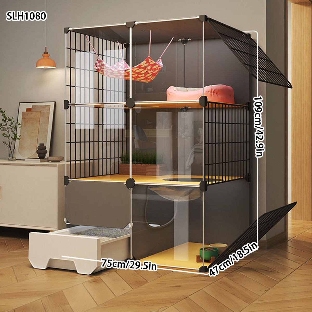 Cat Condo for Home - Large Roomy Cat Crate with Built-in Litter Pan and Scratching Post